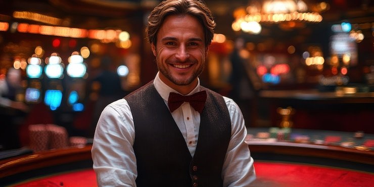 Meja live blackjack dengan dealer di studio produksi